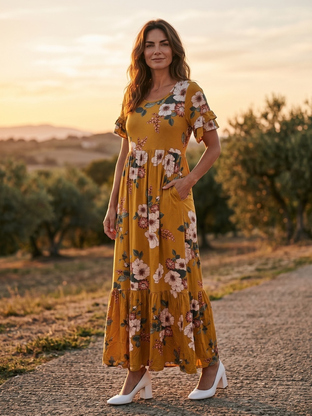 Mustard Floral Ruffle-Hem Maxi Dress - Women's